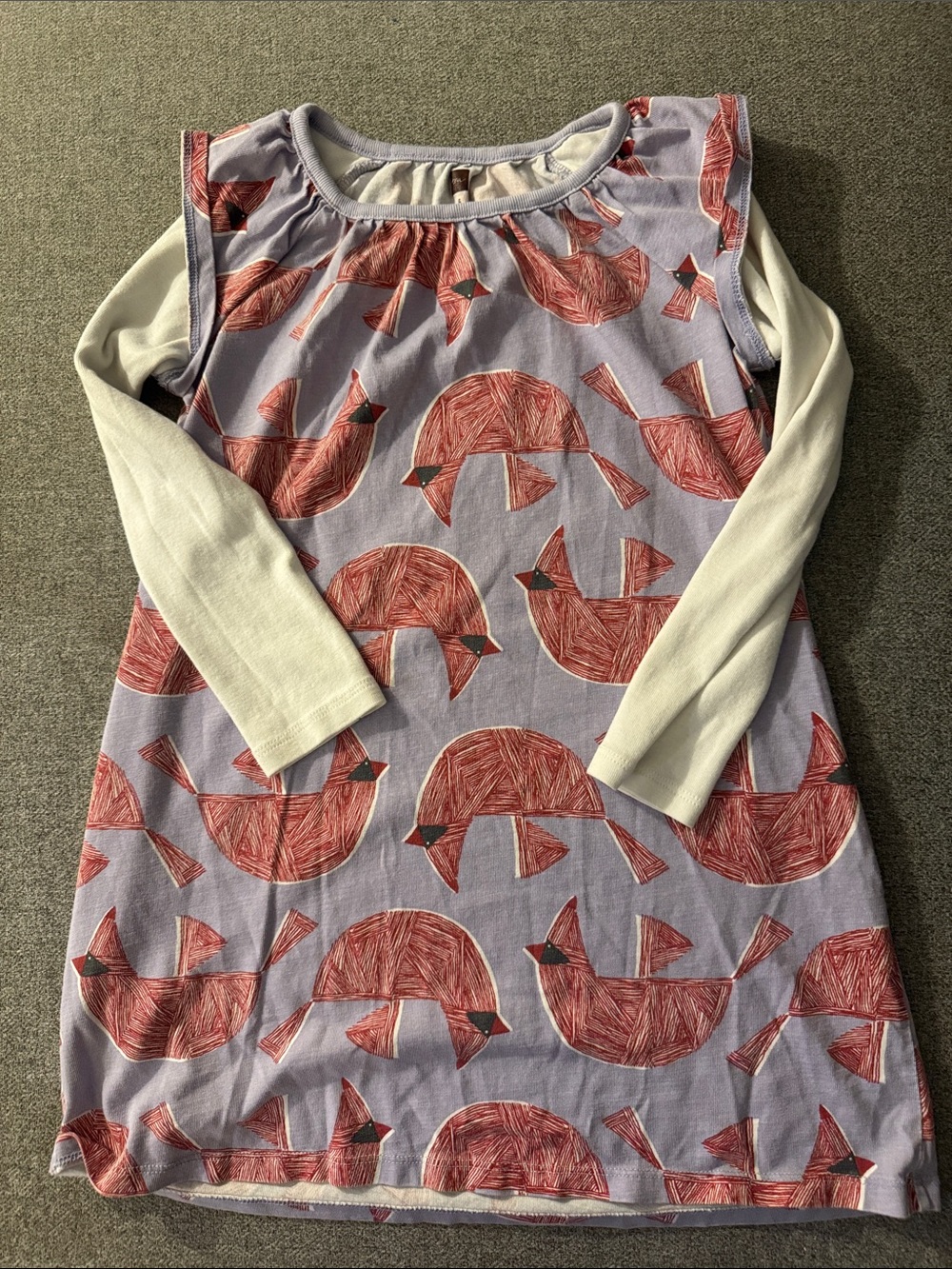 3/$15- Girls' Lavender Dress with Red Bird Print and Cream Long-Sleeve Layer